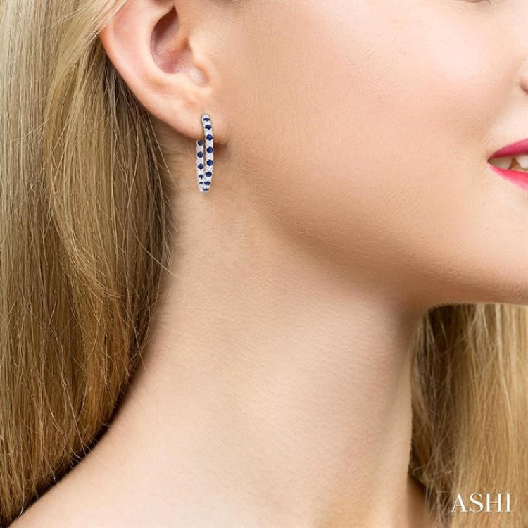 2.1 MM Round Sapphire and 1 Ctw Round Cut Diamond Inside & Outside Alternating Precious Hoop Earrings in 14K White Gold