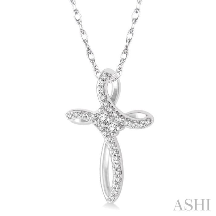 1/5 ctw Rolled Back Cross Charm 2Stone Round Cut Diamond Pendant With Link Chain in 14K White Gold