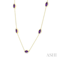 1/4 Ctw Marquise Cut 8X4MM Amethyst and Round Cut Diamond Station Necklace in 10K Yellow Gold