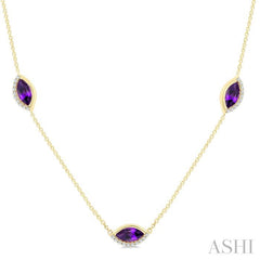 1/4 Ctw Marquise Cut 8X4MM Amethyst and Round Cut Diamond Station Necklace in 10K Yellow Gold