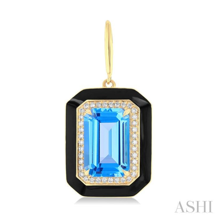 12x8 MM Emerald Cut Blue Topaz and 1/3 Ctw Round Cut Diamond Halo & Black Enamel Border Semi-Precious Earrings in 14K Yellow Gold