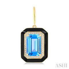 12x8 MM Emerald Cut Blue Topaz and 1/3 Ctw Round Cut Diamond Halo & Black Enamel Border Semi-Precious Earrings in 14K Yellow Gold