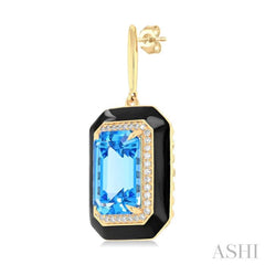 12x8 MM Emerald Cut Blue Topaz and 1/3 Ctw Round Cut Diamond Halo & Black Enamel Border Semi-Precious Earrings in 14K Yellow Gold