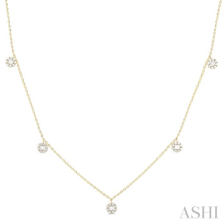 3/8 ctw Dangle Circular Motif Fusion Baguette and Round Cut Diamond Station Necklace in 10K Yellow Gold
