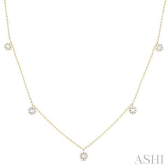 3/8 ctw Dangle Circular Motif Fusion Baguette and Round Cut Diamond Station Necklace in 10K Yellow Gold