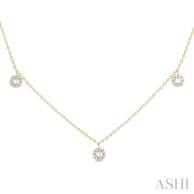 3/8 ctw Dangle Circular Motif Fusion Baguette and Round Cut Diamond Station Necklace in 10K Yellow Gold