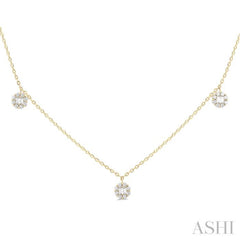 3/8 ctw Dangle Circular Motif Fusion Baguette and Round Cut Diamond Station Necklace in 10K Yellow Gold