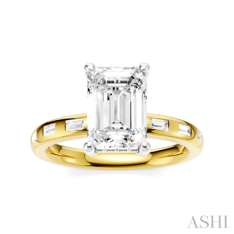 1/4 Ctw Emerald Shape Baguette and Round Cut Diamond Semi-Mount Engagement Ring in 14K Yellow and White Gold