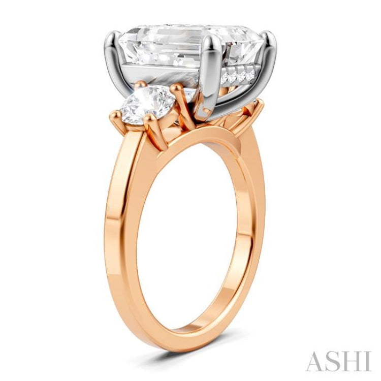 1 Ctw Tri-Mount Emerald Shape Center Round Cut Diamond Semi-Mount Engagement Ring in 14K Rose and White Gold
