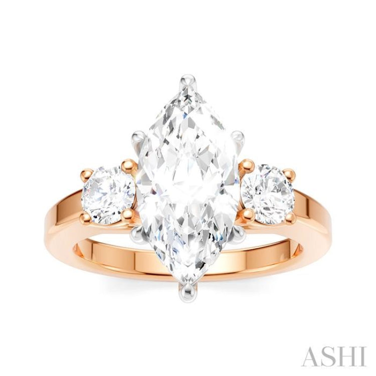 1/2 Ctw Tri-Mount Marquise Shape Center Round Cut Diamond Semi-Mount Engagement Ring in 14K Rose and White Gold