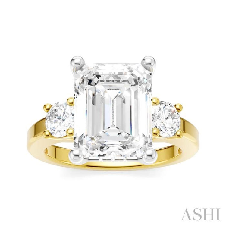 1/2 Ctw Tri-Mount Emerald Shape Center Round Cut Diamond Semi-Mount Engagement Ring in 14K Yellow and White Gold