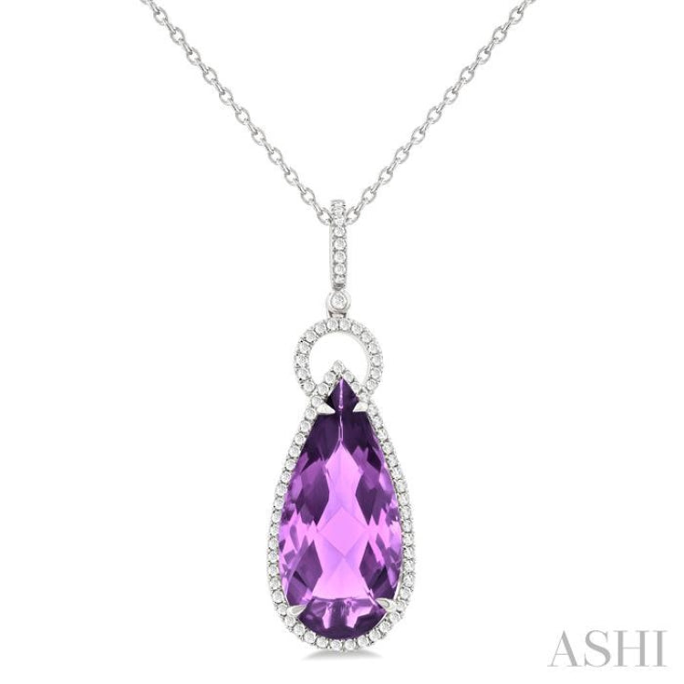 22X10 MM Pear Cut Amethyst and 1/3 Ctw Round Cut Diamond Halo Semi-Precious Pendant With Chain in 14K White Gold