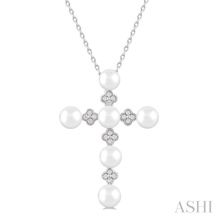 4 MM Round Shape Cultured Pearl and  1/10 Ctw Clover Round Cut Diamond Cross Pendant With Chain in 10K White Gold