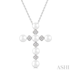 4 MM Round Shape Cultured Pearl and  1/10 Ctw Clover Round Cut Diamond Cross Pendant With Chain in 10K White Gold