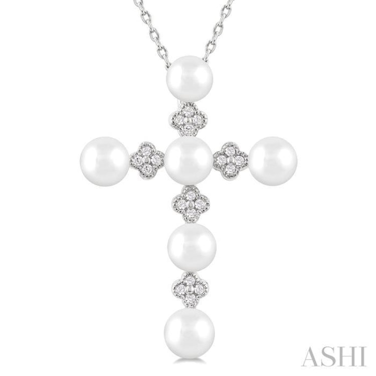 4 MM Round Shape Cultured Pearl and  1/10 Ctw Clover Round Cut Diamond Cross Pendant With Chain in 10K White Gold