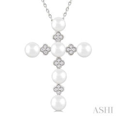 4 MM Round Shape Cultured Pearl and  1/10 Ctw Clover Round Cut Diamond Cross Pendant With Chain in 10K White Gold