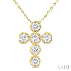 1/2 Ctw Round Cut Diamond 6-Stone Bezel Set Cross Pendant With Chain in 14K Yellow Gold