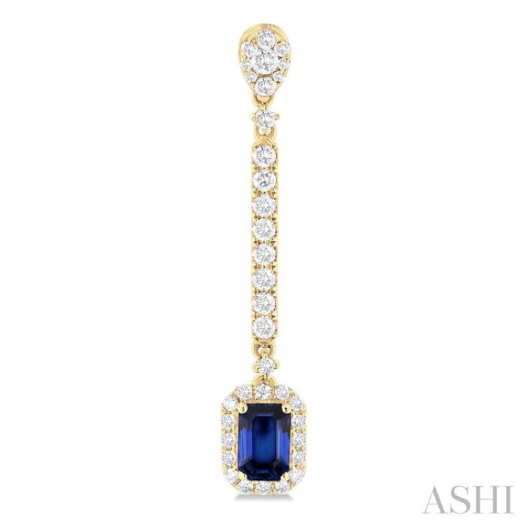 6x4 MM Emerald Cut Sapphire and 7/8 ctw Round Cut Diamond Halo Precious Earrings in 14K Yellow Gold