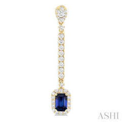 6x4 MM Emerald Cut Sapphire and 7/8 ctw Round Cut Diamond Halo Precious Earrings in 14K Yellow Gold