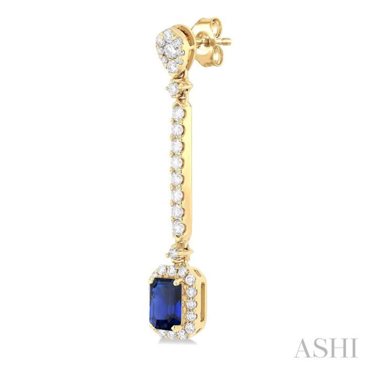 6x4 MM Emerald Cut Sapphire and 7/8 ctw Round Cut Diamond Halo Precious Earrings in 14K Yellow Gold