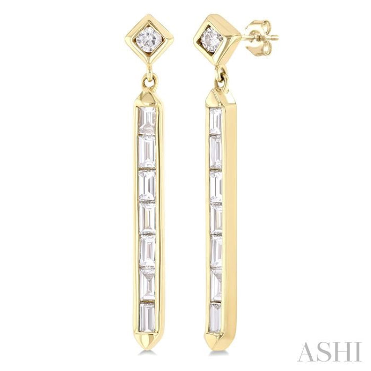 5/8 ctw Kite and Vertical Bar Baguette and Round Cut Diamond Fashion Long Earrings in 14K Yellow Gold