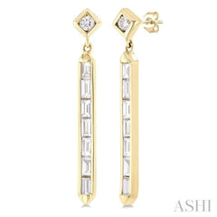 5/8 ctw Kite and Vertical Bar Baguette and Round Cut Diamond Fashion Long Earrings in 14K Yellow Gold