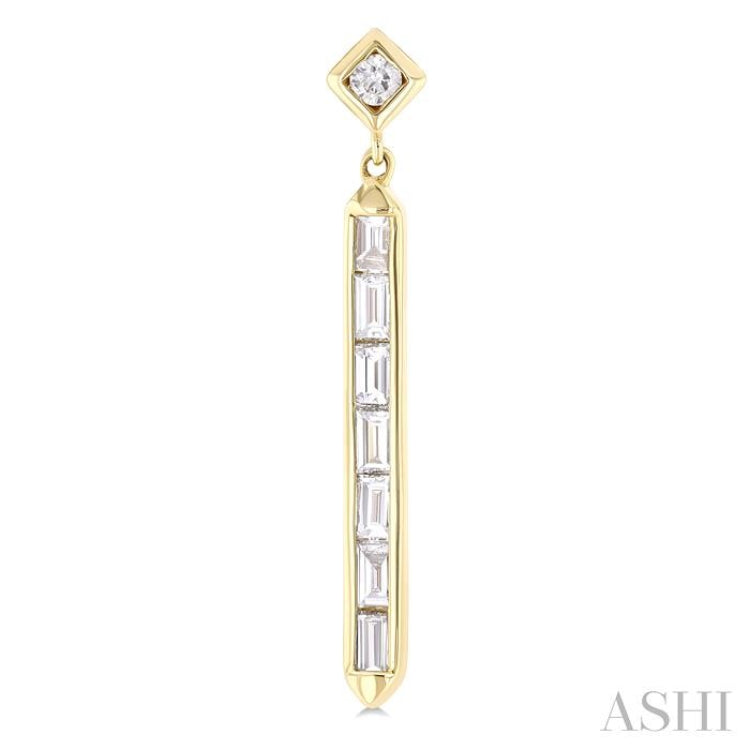 5/8 ctw Kite and Vertical Bar Baguette and Round Cut Diamond Fashion Long Earrings in 14K Yellow Gold