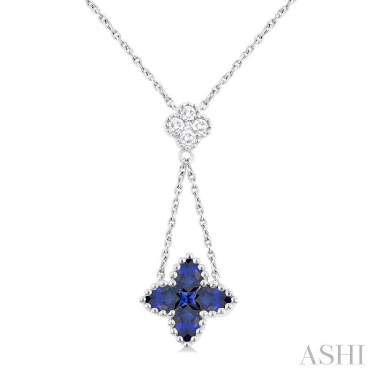 4x3 MM Pear Cut & 1.9 MM Princess Cut Sapphire and 1/10 ctw Round Cut Diamond Floral Blossom Precious Necklace in 14K White Gold