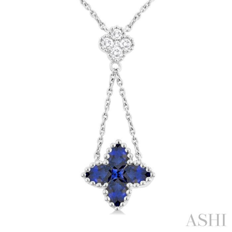 4x3 MM Pear Cut & 1.9 MM Princess Cut Sapphire and 1/10 ctw Round Cut Diamond Floral Blossom Precious Necklace in 14K White Gold