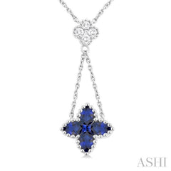 4x3 MM Pear Cut & 1.9 MM Princess Cut Sapphire and 1/10 ctw Round Cut Diamond Floral Blossom Precious Necklace in 14K White Gold