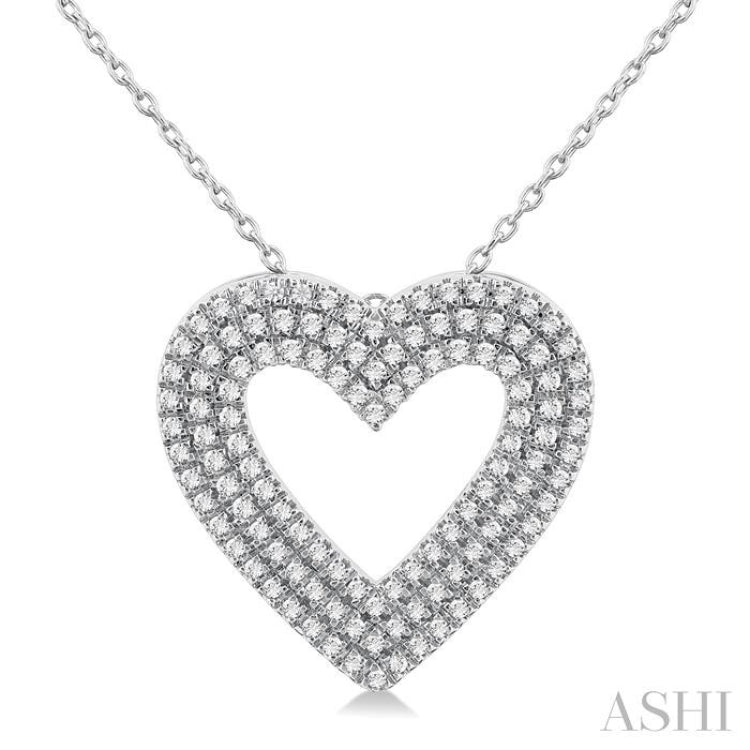 3/8 ctw  Heart Shape Triple Row Round Cut Diamond Fashion Pendant With Chain in 14K White Gold