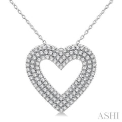 3/8 ctw  Heart Shape Triple Row Round Cut Diamond Fashion Pendant With Chain in 14K White Gold