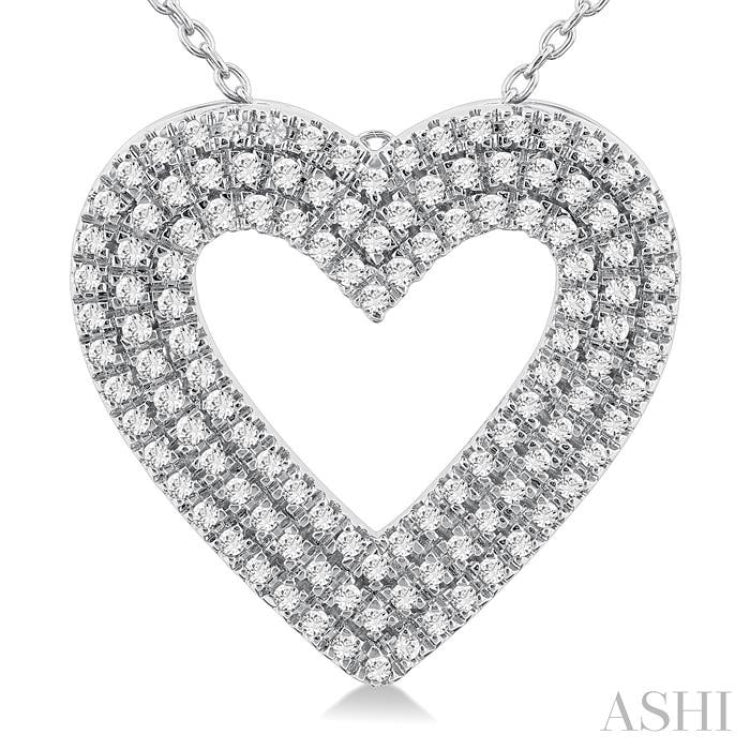 3/8 ctw  Heart Shape Triple Row Round Cut Diamond Fashion Pendant With Chain in 14K White Gold