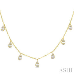 1/3 Ctw Pear Shaped Danglers Fusion Baguette and Round Cut Diamond Station Necklace in 10K Yellow Gold