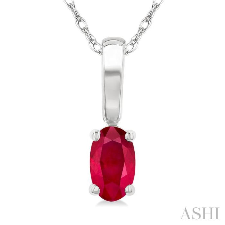 5X3 MM Oval Shape Ruby Precious Solitaire Pendant With Chain in 14K White Gold