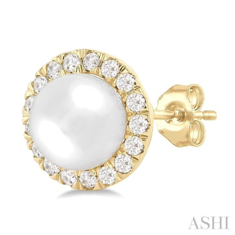 6 MM White Cultured Pearl and 1/4 ctw Round Cut Diamond Halo Stud Earrings in 14K Yellow Gold