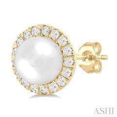 6 MM White Cultured Pearl and 1/4 ctw Round Cut Diamond Halo Stud Earrings in 14K Yellow Gold