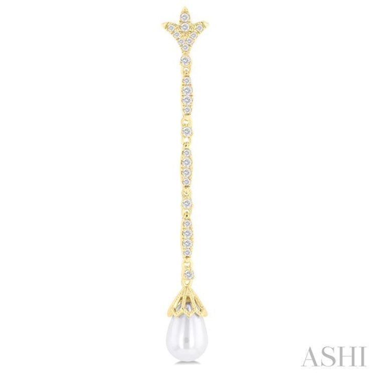 9X7 MM Marquise Link Teardrop Cultured Pearl and 1/2 ctw Round Cut Diamond Long Earring in 14K Yellow Gold