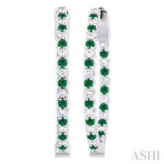 1.6 MM Round Emerald and 1/2 ctw Round Cut Diamond Inside & Outside Alternating Precious Hoop Earrings in 14K White Gold