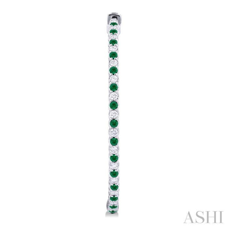 1.6 MM Round Emerald and 1 ctw Round Cut Diamond Precious Inside-Out Alternating Hoop Earrings in 14K White Gold