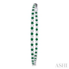 1.6 MM Round Emerald and 1 ctw Round Cut Diamond Precious Inside-Out Alternating Hoop Earrings in 14K White Gold