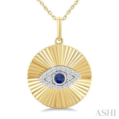 1/8 ctw Fluted Evil Eye 2.5MM Sapphire and Round Cut Diamond Precious Fashion Pendant in 10K Yellow and White Gold