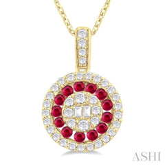 1.35 MM Round Shape Ruby and 1/4 ctw Baguette and Round Cut Diamond Precious Pendant With Chain in 14K Yellow Gold
