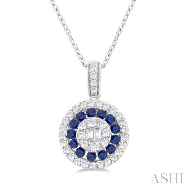 1.35 MM Round Shape Sapphire and 1/4 ctw Baguette and Round Cut Diamond Precious Pendant With Chain in 14K White Gold