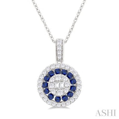 1.35 MM Round Shape Sapphire and 1/4 ctw Baguette and Round Cut Diamond Precious Pendant With Chain in 14K White Gold
