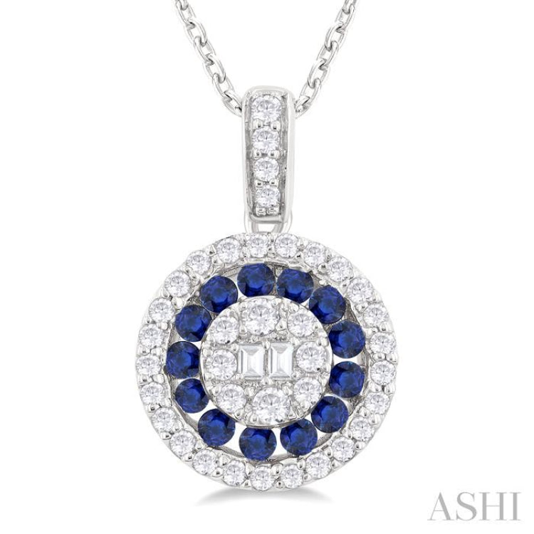 1.35 MM Round Shape Sapphire and 1/4 ctw Baguette and Round Cut Diamond Precious Pendant With Chain in 14K White Gold