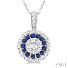 1.35 MM Round Shape Sapphire and 1/4 ctw Baguette and Round Cut Diamond Precious Pendant With Chain in 14K White Gold