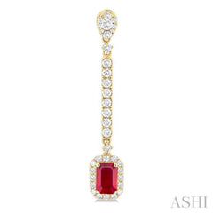 6x4 MM Emerald Cut Ruby and 7/8 ctw Round Cut Diamond Halo Precious Earrings in 14K Yellow Gold