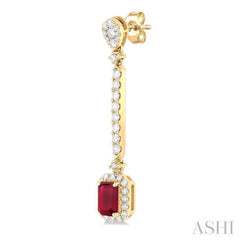 6x4 MM Emerald Cut Ruby and 7/8 ctw Round Cut Diamond Halo Precious Earrings in 14K Yellow Gold