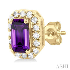 5x3 MM Octagonal Shape Amethyst and 1/8 ctw Single Cut Diamond Halo Semi Precious Stud Earrings in 14K Yellow Gold